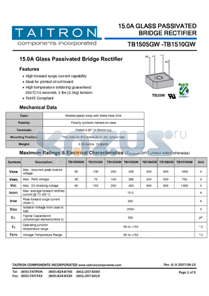 TB1510GW datasheet - 15.0A Glass Passivated Bridge Rectifier