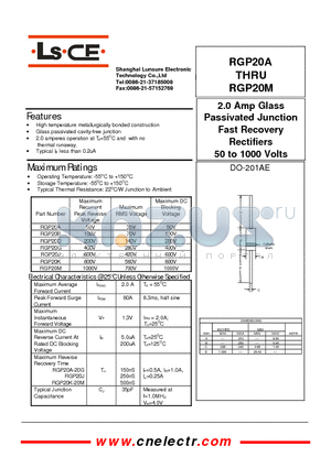 RGP20D datasheet - 2.0Amp glass passivated juntion fast recovery rectifiers 50to1000 volts