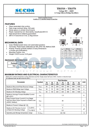 TB154S datasheet - Voltage 50V ~ 1000V 1.5 Amp Silicon Bridge Rectifiers