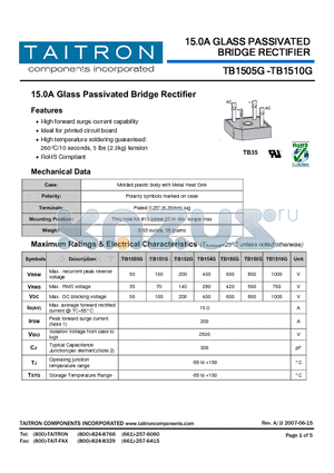 TB154G datasheet - 15.0A Glass Passivated Bridge Rectifier
