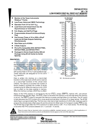 SN74ALVC7814DL datasheet - 64  18 LOW-POWER FIRST-IN, FIRST-OUT MEMORY