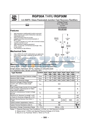 RGP30A datasheet - 3.0 AMPS. Glass Passivated Junction Fast Recovery Rectifiers