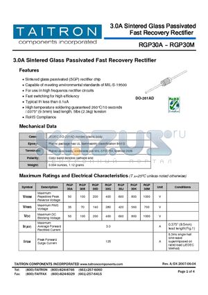 RGP30D datasheet - 3.0A Sintered Glass Passivated Fast Recovery Rectifier