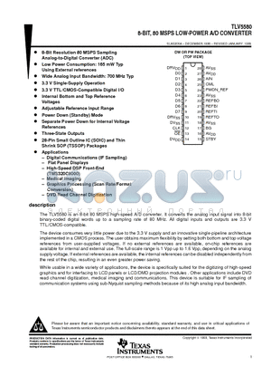 TLV5580 datasheet - 8-BIT, 80 MSPS LOW-POWER A/D CONVERTER