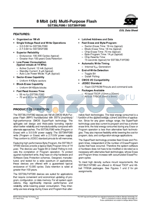 SST39VF080-70-4I-B3K datasheet - 8 Mbit (x8) Multi-Purpose Flash