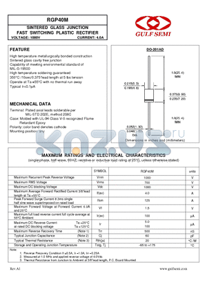 RGP40M datasheet - SINTERED GLASS JUNCTION FAST SWITCHING PLASTIC RECTIFIER VOLTAGE: 1000V CURRENT: 4.0A