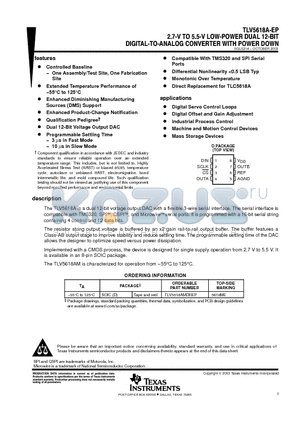 TLV5618A-EP datasheet - 2.7-V TO 5.5-V LOW-POWER DUAL 12-BIT DIGITAL-TO-ANALOG CONVERTER WITH POWER DOWN