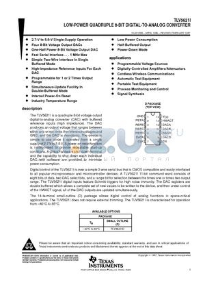 TLV5621 datasheet - LOW-POWER QUADRUPLE 8-BIT DIGITAL-TO-ANALOG CONVERTER