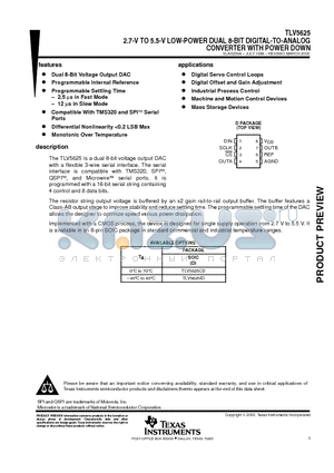 TLV5625 datasheet - 2.7-V TO 5.5-V LOW-POWER DUAL 8-BIT DIGITAL-TO-ANALOG CONVERTER WITH POWER DOWN