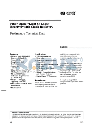 RGR1551-ST datasheet - Fiber Optic Light to Logic Receiver with Clock Recovery