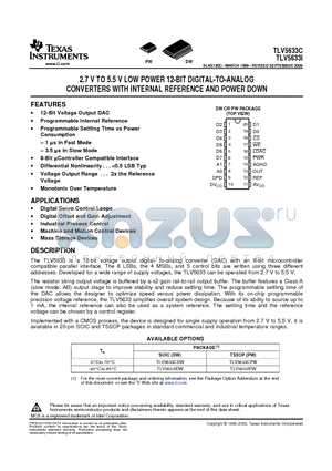 TLV5633IPWG4 datasheet - 2.7 V TO 5.5 V LOW POWER 12-BIT DIGITAL-TO-ANALOG CONVERTERS WITH INTERNAL REFERENCE AND POWER DOWN