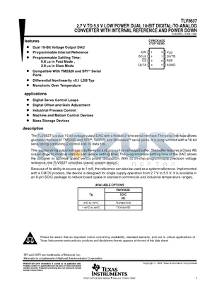 TLV5637 datasheet - 2.7 V TO 5.5 V LOW POWER DUAL 10-BIT DIGITAL-TO-ANALOG CONVERTER WITH INTERNAL REFERENCE AND POWER DOWN