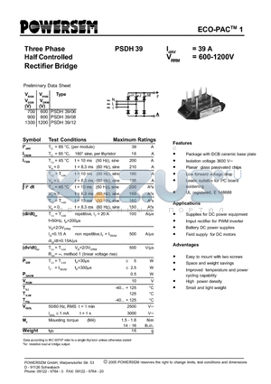 PSDH39 datasheet - Three Phase Half Controlled Rectifier Bridge