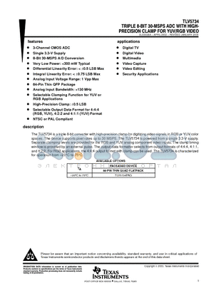 TLV5734 datasheet - TRIPLE 8 BIT 30 MSPS ADC WITH HIGH -PRECISION CLAMP FOR YUV/RGB VIDEO