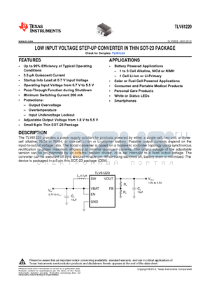 TLV61220DBVT datasheet - LOW INPUT VOLTAGE STEP-UP CONVERTER IN THIN SOT-23 PACKAGE