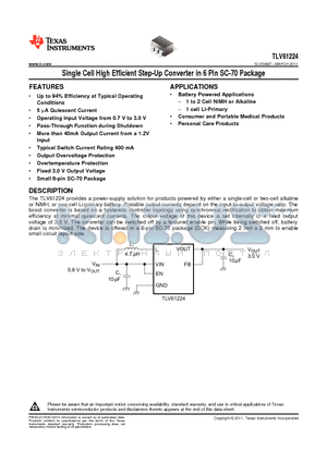TLV61224 datasheet - Single Cell High Efficient Step-Up Converter in 6 Pin SC-70 Package