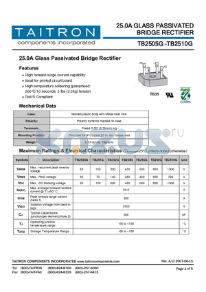 TB252G datasheet - 25.0A Glass Passivated Bridge Rectifier