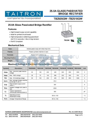 TB258GW datasheet - 25.0A Glass Passivated Bridge Rectifier