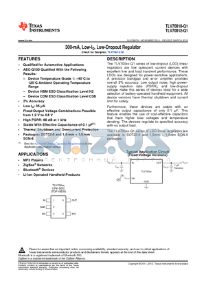 TLV70012-Q1 datasheet - 300-mA, Low-IQ, Low-Dropout Regulator