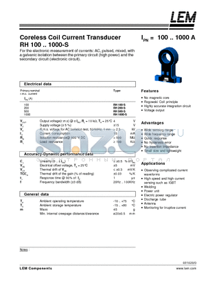 RH100-S datasheet - Coreless Coil Current Transducer RH 100~1000-S