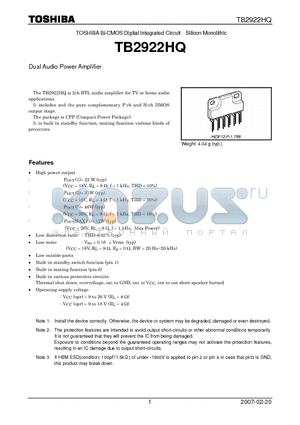 TB2922HQ datasheet - Dual Audio Power Amplifier