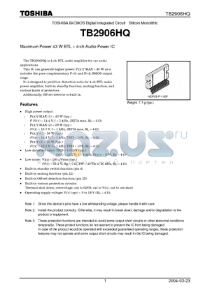 TB2906HQ datasheet - Maximum Power 43 W BTL x 4-ch Audio Power IC