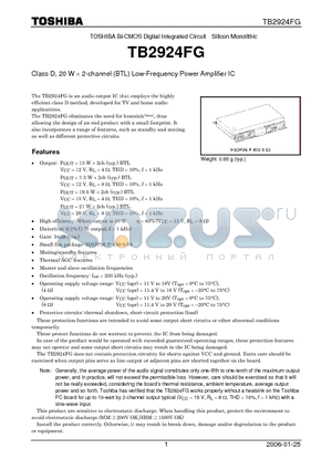 TB2924FG datasheet - Class D, 20 W  2-channel (BTL) Low-Frequency Power Amplifier IC