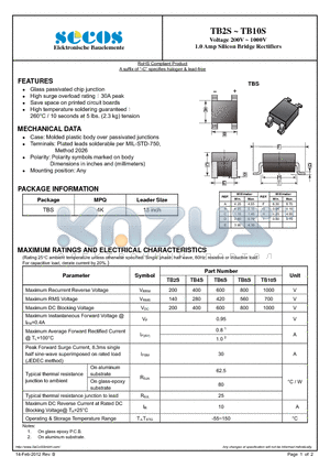 TB2S datasheet - Voltage 200V ~ 1000V 1.0 Amp Silicon Bridge Rectifiers