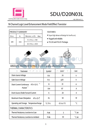 SDU20N03L datasheet - N-Channel Logic Level Enhancement Mode Field Effect Transistor