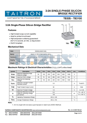 TB31 datasheet - 3.0A Single-Phase Silicon Bridge Rectifier