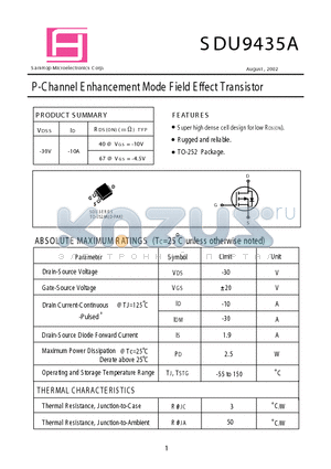 SDU9435 datasheet - P - Channel E nhancement Mode F ield E ffect Transistor