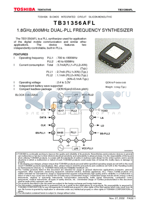 TB31356AFL datasheet - 1.8GHz,600MHz DUAL-PLL FREQUENCY SYNTHESIZER