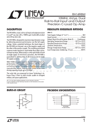 RH1498M datasheet - 10MHz, 6V/ls, Dual Rail-to-Rail Input and Output Precision C-Load Op Amp