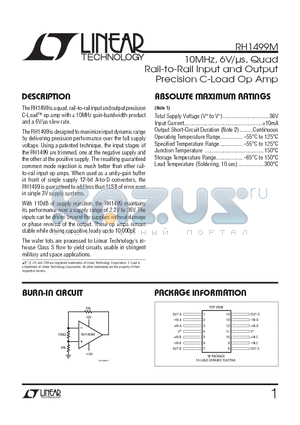 RH1499M datasheet - 10MHz, 6V/ls, Quad Rail-to-Rail Input and Output Precision C-Load Op Amp