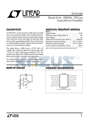 RH1814M datasheet - Quad 3mA, 100MHz, 750V/ls Operational Amplifier