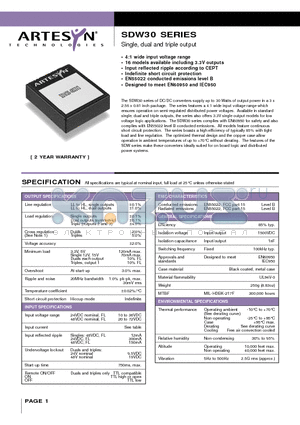 SDW30-48D15 datasheet - Single, dual and triple output 30 Watt Wide input DC/DC converters