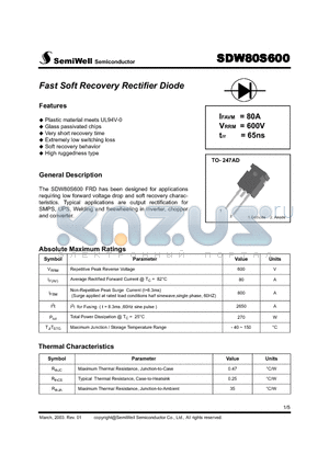 SDW80S600 datasheet - Fast Soft Recovery Rectifier Diode