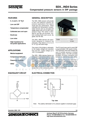 SDX005IND4 datasheet - Compensated pressure sensors in DIP package