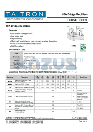 TB408 datasheet - 40A Bridge Rectifiers