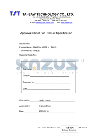 TB480E3 datasheet - SAW Filter 480MHz TO-39