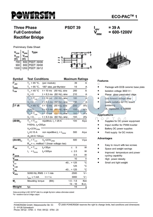 PSDT39 datasheet - Three Phase Full Controlled Rectifier Bridge