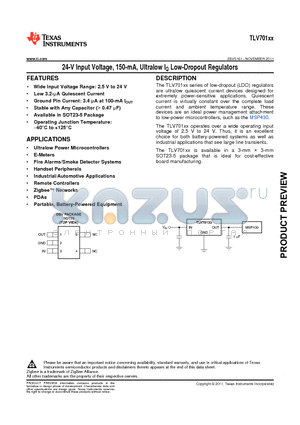 TLV70130DBVT datasheet - 24-V Input Voltage, 150-mA, Ultralow IQ Low-Dropout Regulators