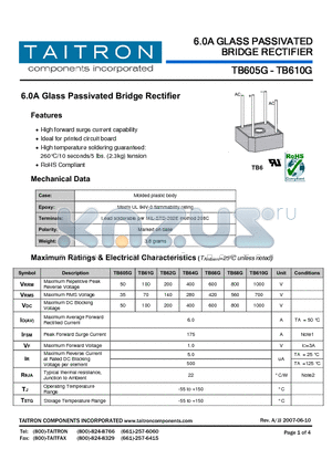 TB61G datasheet - 6.0A Glass Passivated Bridge Rectifier