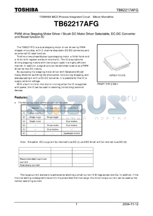 TB62217AFG datasheet - PWM drive Stepping Motor Driver / Brush DC Motor Driver Selectable, DC-DC Converter and Reset function IC