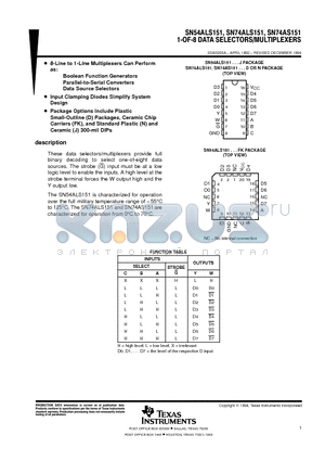 SN74AS151 datasheet - 1-OF-8 DATA SELECTORS/MULTIPLEXERS