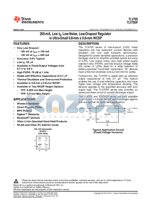 TLV705185YFPR datasheet - 200-mA, Low IQ, Low-Noise, Low-Dropout Regulator in Ultra-Small 0.8-mm x 0.8-mm WCSP