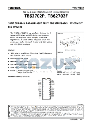 TB62702P datasheet - 10 BIT SERIAL-IN PARALLEL-OUT SHIFT REGISTER/ LATCH/10SEGMENT LED DRIVERS