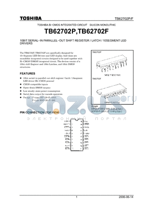 TB62702P_06 datasheet - 10BIT SERIAL−IN PARALLEL−OUT SHIFT REGISTER / LATCH / 10SEGMENT LED DRIVERS