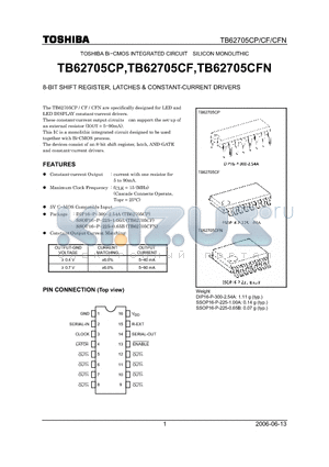 TB62705CFN datasheet - 8-BIT SHIFT REGISTER, LATCHES & CONSTANT-CURRENT DRIVERS