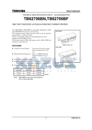 TB62706BF datasheet - 16BIT SHIFT REGISTER, LATCHES & CONSTANT CURRENT DRIVERS